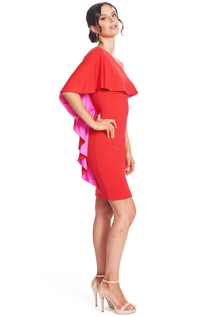 Shero Asymmetric Cape Dress - Red Bodycon Cocktail Dress with Contrast Fuchsia Satin - WWW.SIMONAMAGHEN.COM