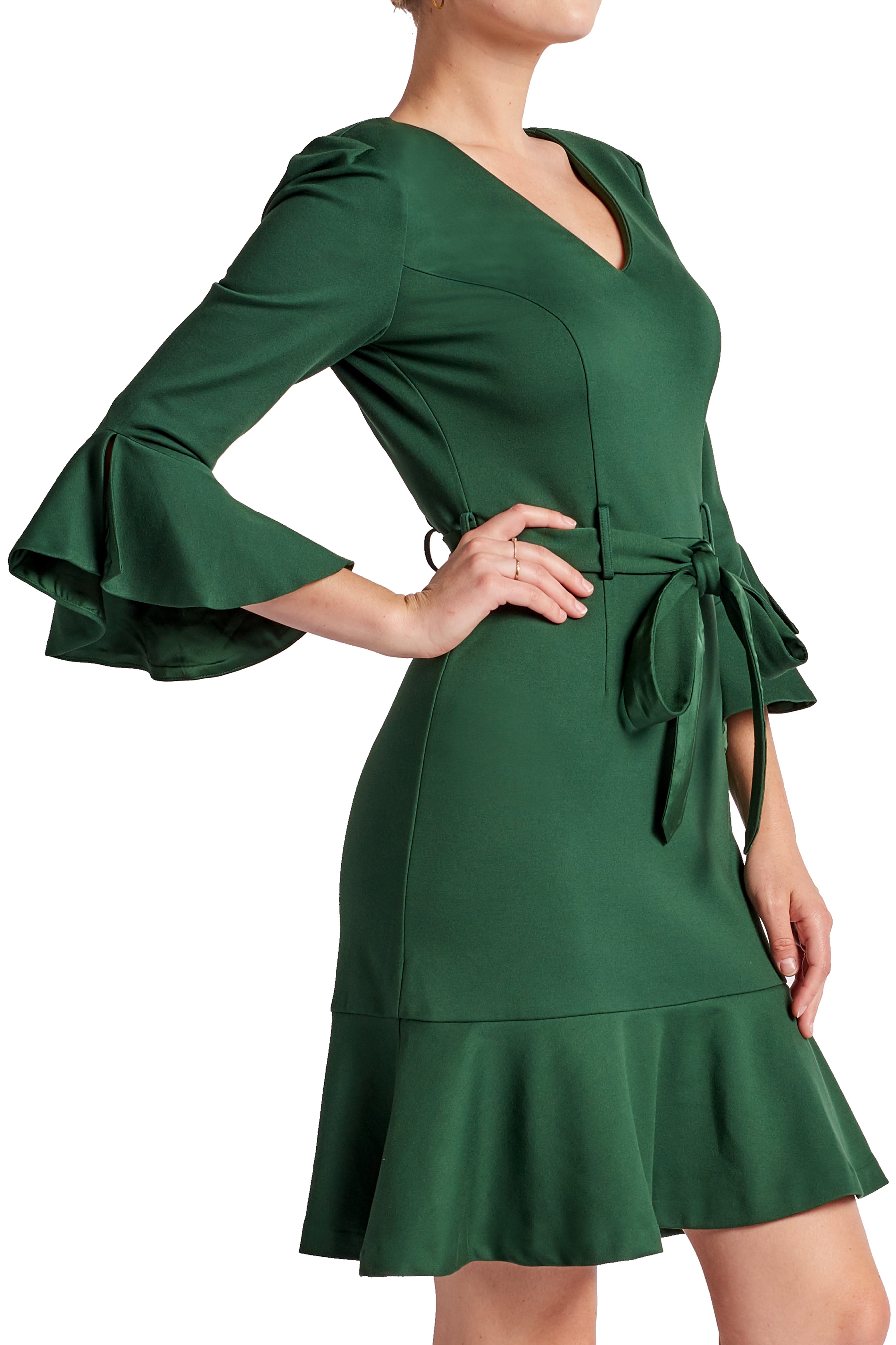 Tayte Dress - V - neck 3/4 sleeve dress with ruffle accents and self belt - WWW.SIMONAMAGHEN.COM