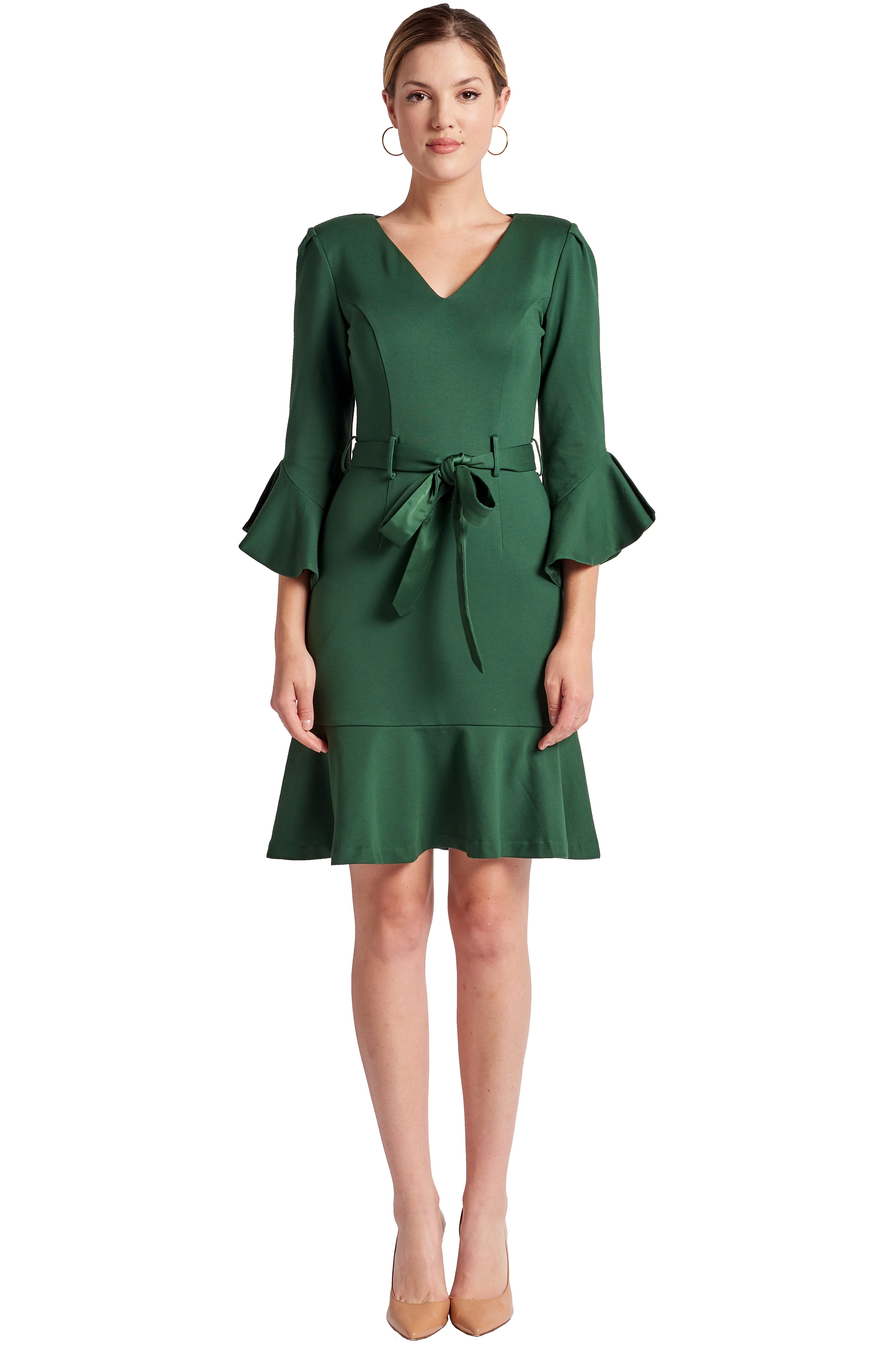 Tayte Dress - V - neck 3/4 sleeve dress with ruffle accents and self belt - WWW.SIMONAMAGHEN.COM