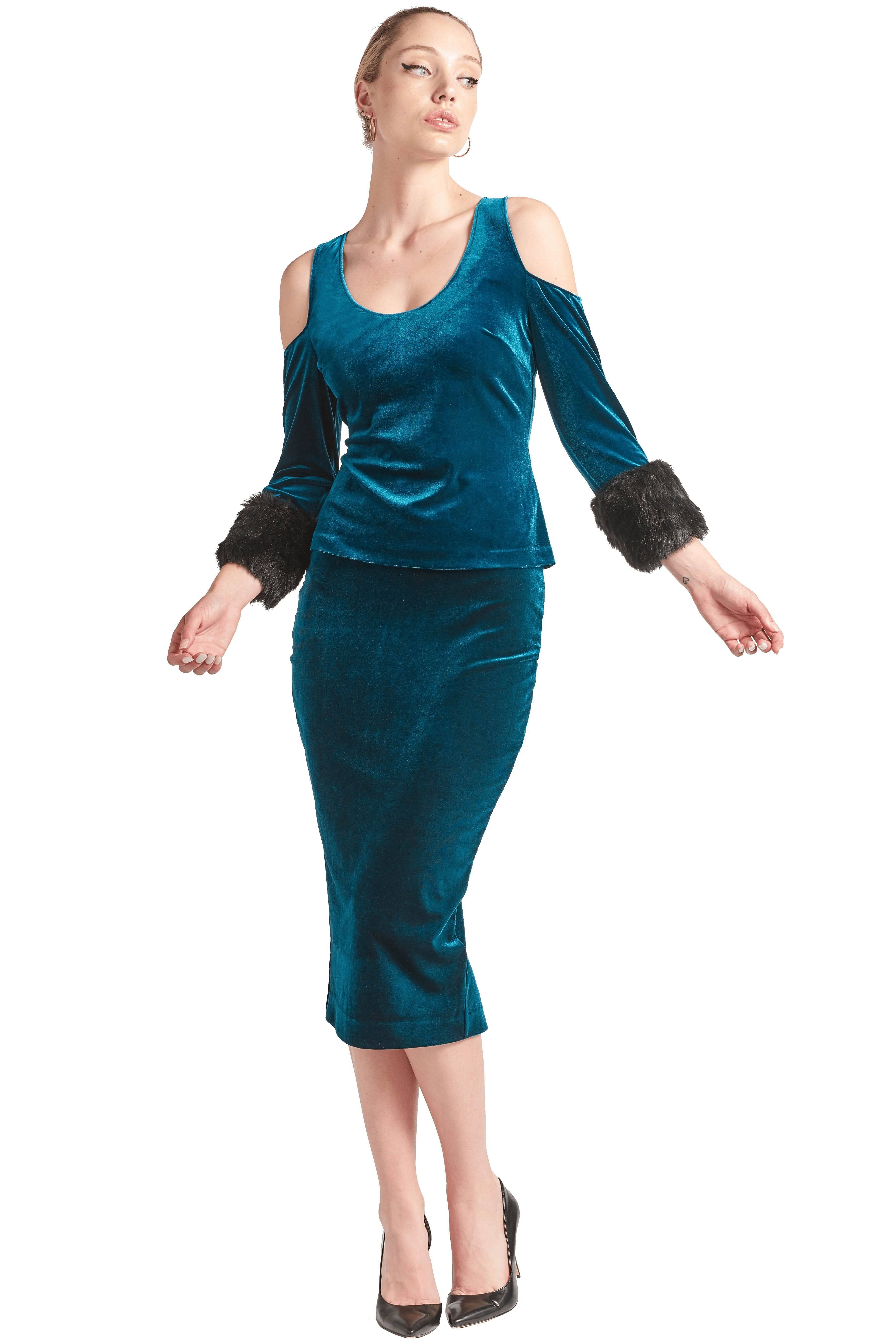 Tia Skirt - Stretch velvet pencil skirt (teal) - WWW.SIMONAMAGHEN.COM