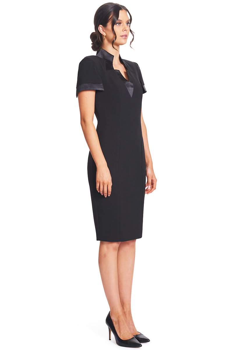 Top Notch Dress - Short Sleeve Notch Neck Black Midi Dress with Satin Bands - WWW.SIMONAMAGHEN.COM