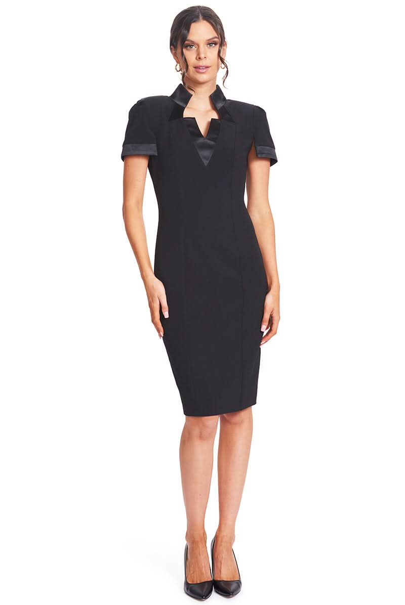 Top Notch Dress - Short Sleeve Notch Neck Black Midi Dress with Satin Bands - WWW.SIMONAMAGHEN.COM