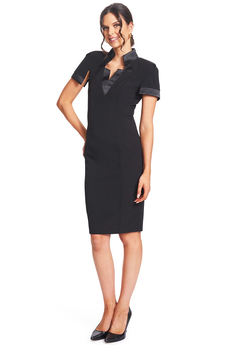 Top Notch Dress - Short Sleeve Notch Neck Black Midi Dress with Satin Bands - WWW.SIMONAMAGHEN.COM