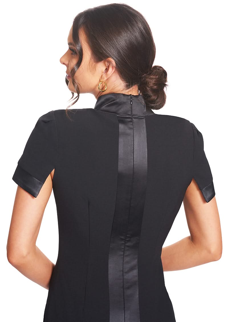 Top Notch Dress - Short Sleeve Notch Neck Black Midi Dress with Satin Bands - WWW.SIMONAMAGHEN.COM