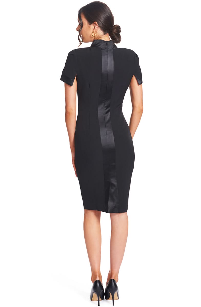 Top Notch Dress - Short Sleeve Notch Neck Black Midi Dress with Satin Bands - WWW.SIMONAMAGHEN.COM