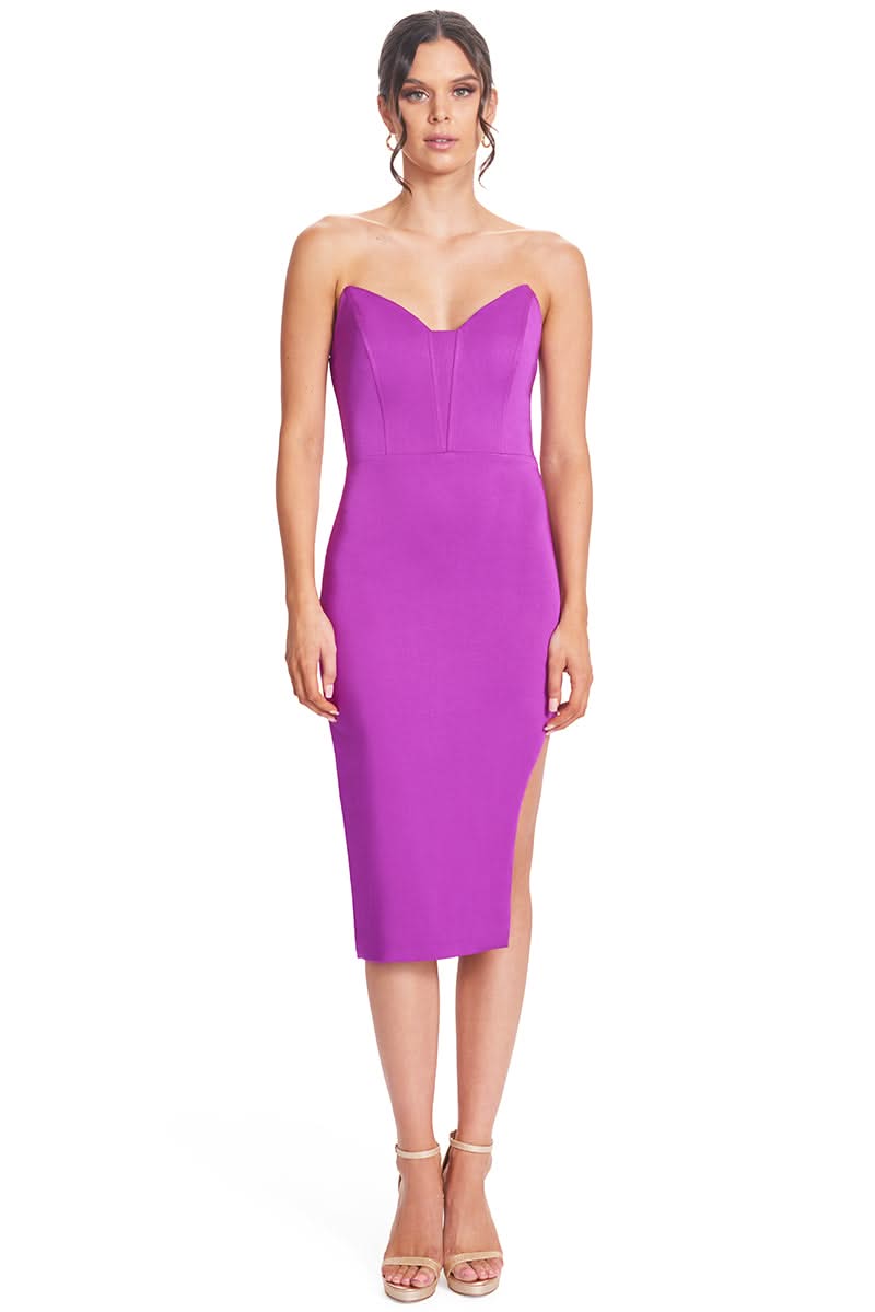Vava Voom Dress - Pointed bodice satin midi body - con dress with side skirt cut - out - WWW.SIMONAMAGHEN.COM