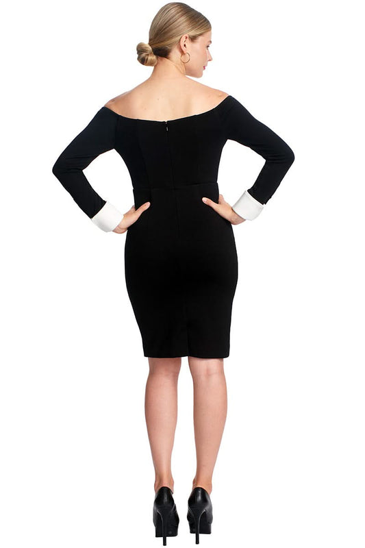 Off-The-Shoulder Tuxedo Dress - Over-the-Knee Black & White Sheath Dress with Contrast Cuffs