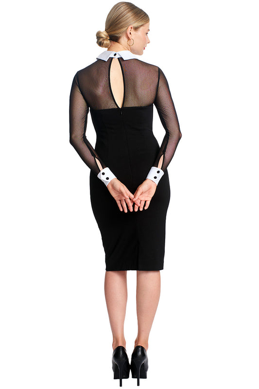 Tuxedo Illusion Dress - Black & white midi dress with mesh sleeves, contrast collar & cuffs