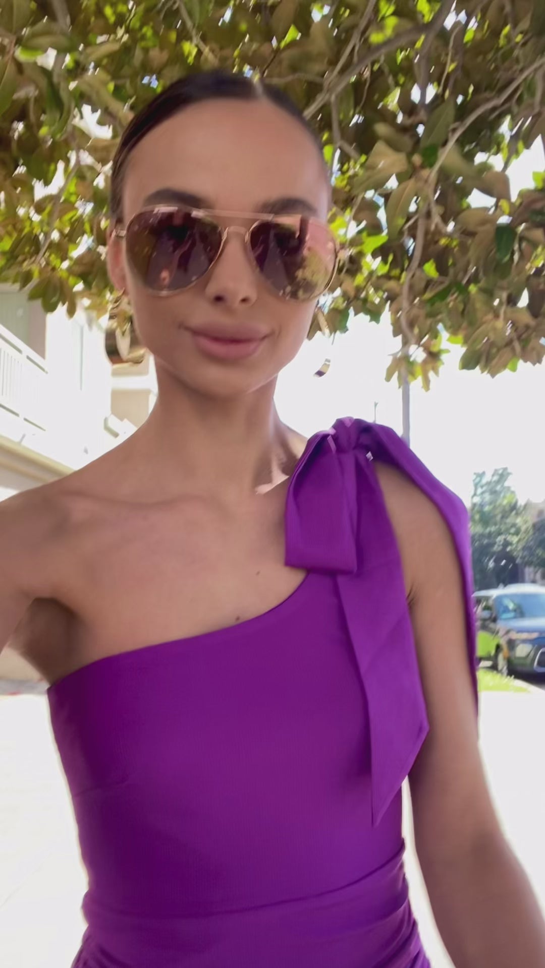 Harper Dress - Amethyst Ribbed & Ruched Asymmetric Bodycon with Bow Detail