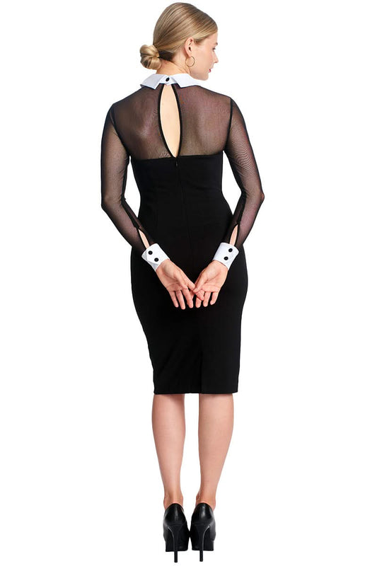 Back view of black midi dress with sheer sleeves and white collar & cuffs. Figure-hugging formal dress.