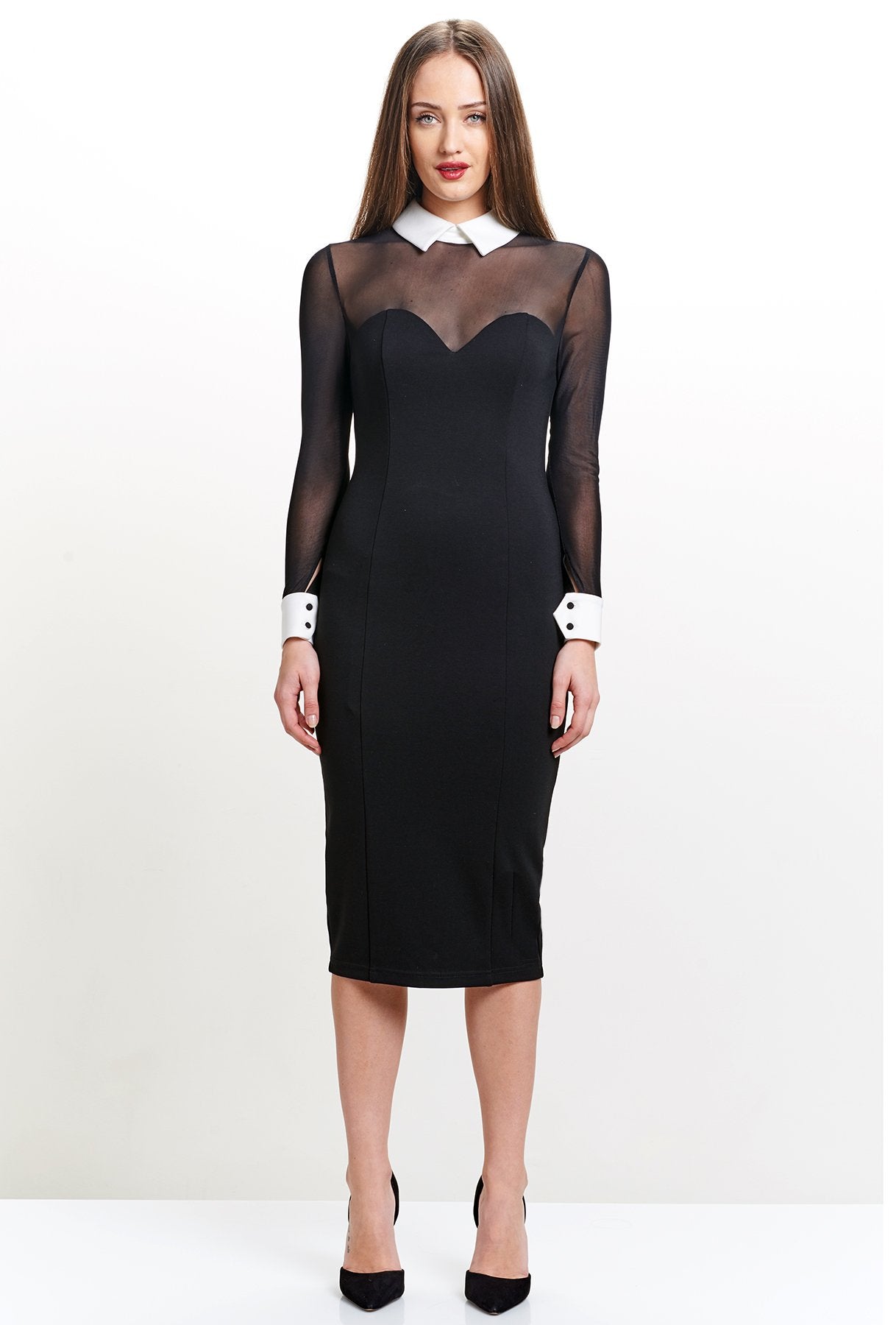 Front view of model wearing black knit Ponte midi tuxedo dress, with contrast mesh long sleeves & white collar and cuffs.