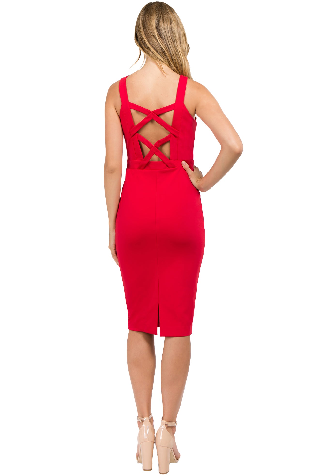 Back view of model wearing body con red stretch midi Ponte dress, with criss cross bands in back top.