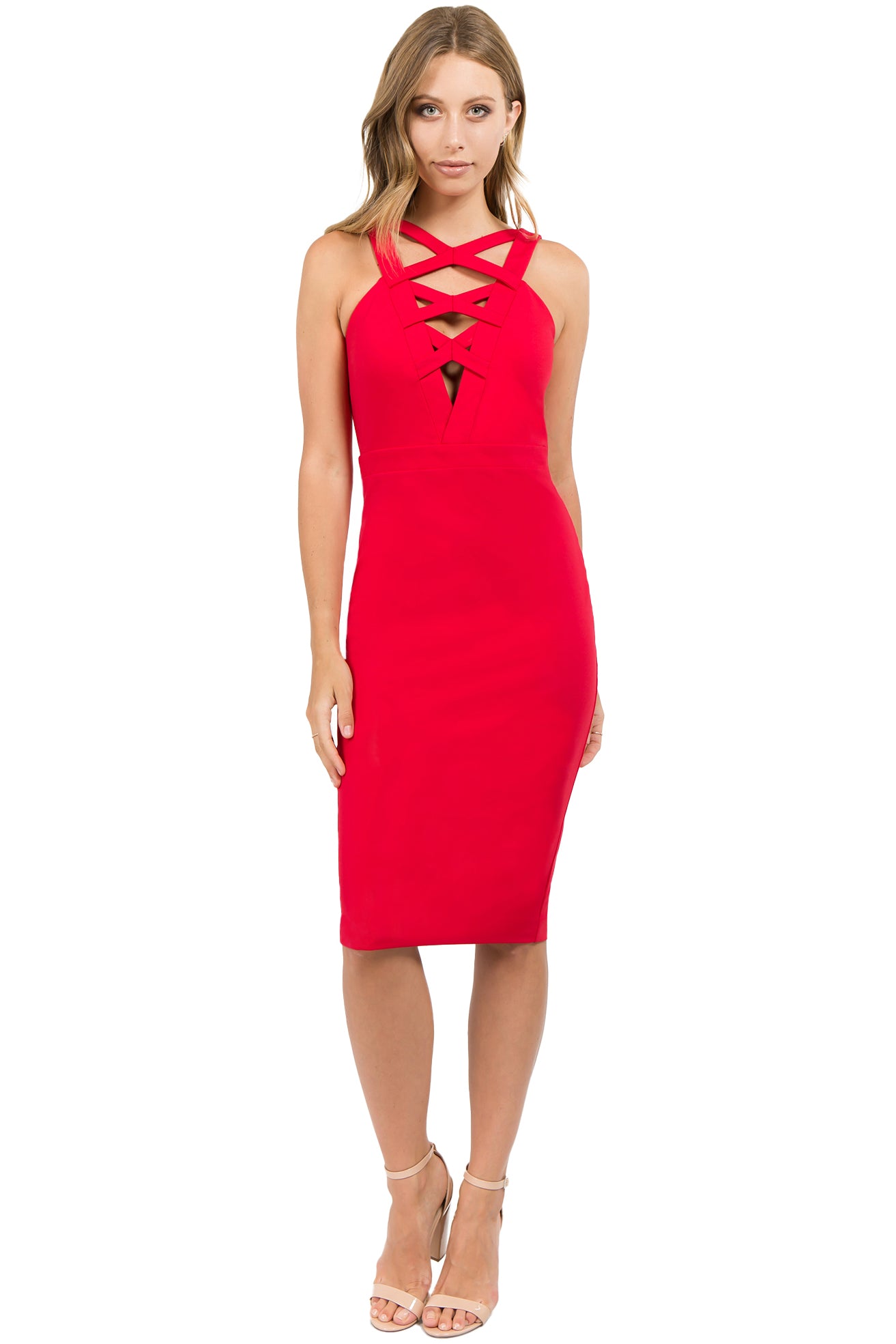 Model wearing body con red stretch midi Ponte dress, with low v-neck & criss cross bands in front top.