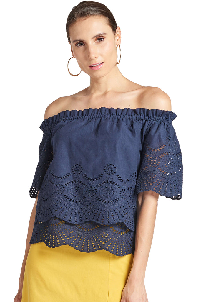 Daisy Top - Double layer off the shoulder cotton eyelet top with scalloped  hem (navy)