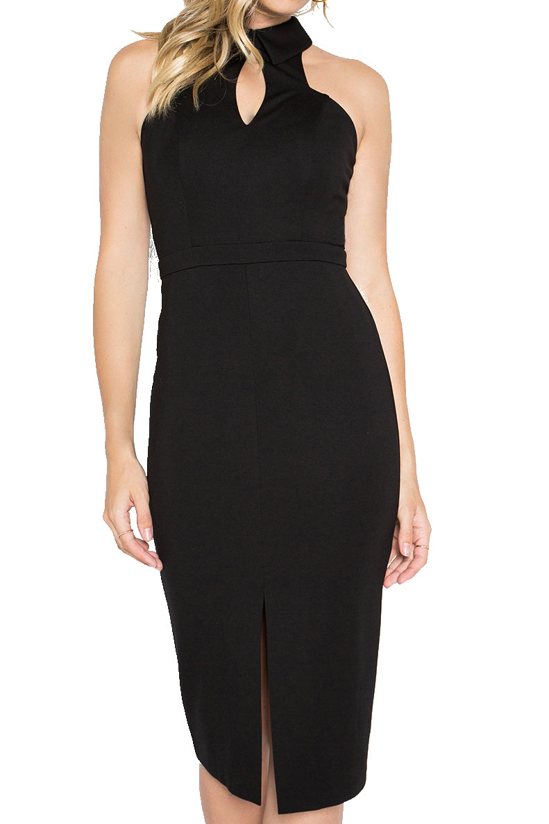 Model wearing black sleeveless knit Ponte midi dress with collar, front keyhole and front skirt slit.
