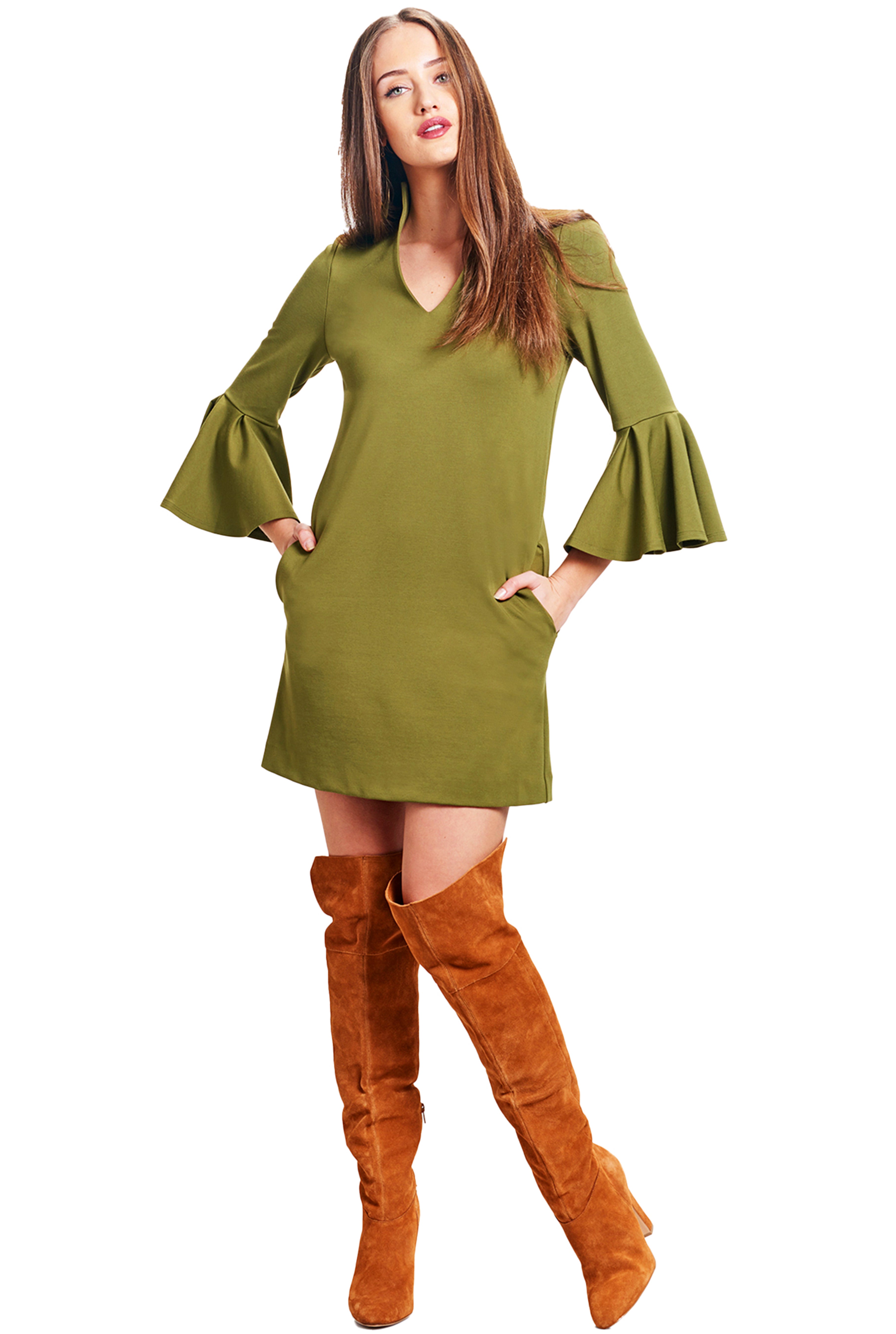 Model wearing olive knit Ponte mini shift dress with v-neckline, 3/4 bell sleeves and side slit pockets.