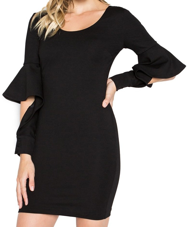 Close-up front view of model wearing the Simona Maghen Jayla Dress, little black body-con dress in knit Ponte with novelty cuffed bell sleeves and u-neckline.