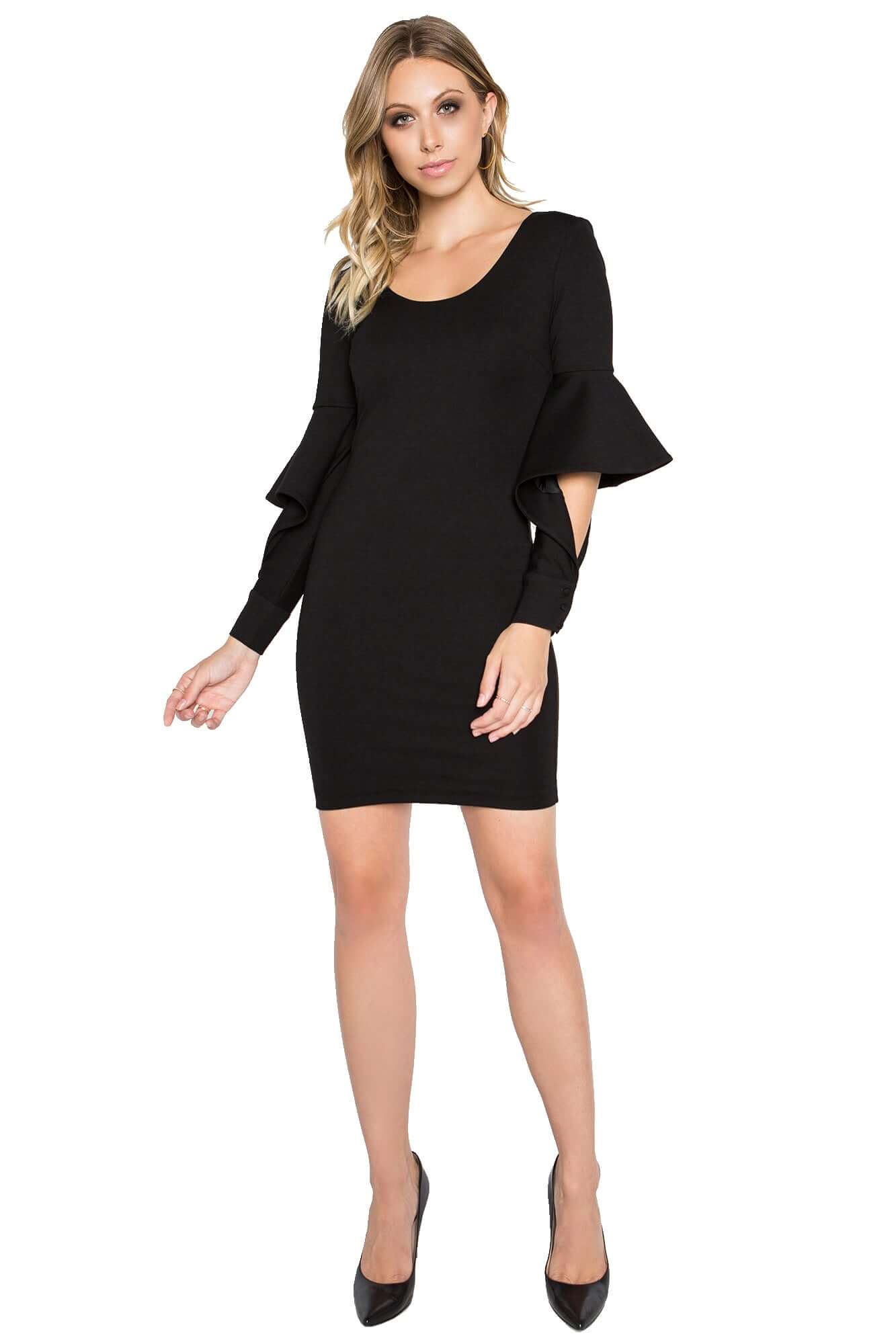 Front view of model wearing the Simona Maghen Jayla Dress, little black body-con dress in knit Ponte with novelty cuffed bell sleeves and u-neckline.