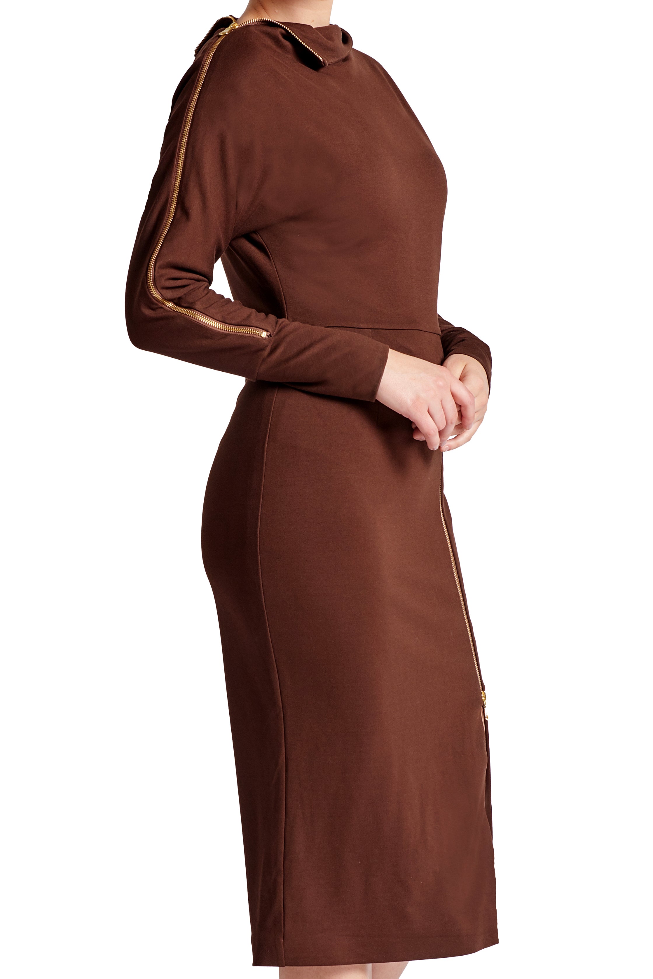 3/4  close-up front view of model wearing the Simona Maghen Josefa Dress, chocolate brown long sleeve Ponte midi dress with zipper along the right shoulder and front skirt zipper slit.