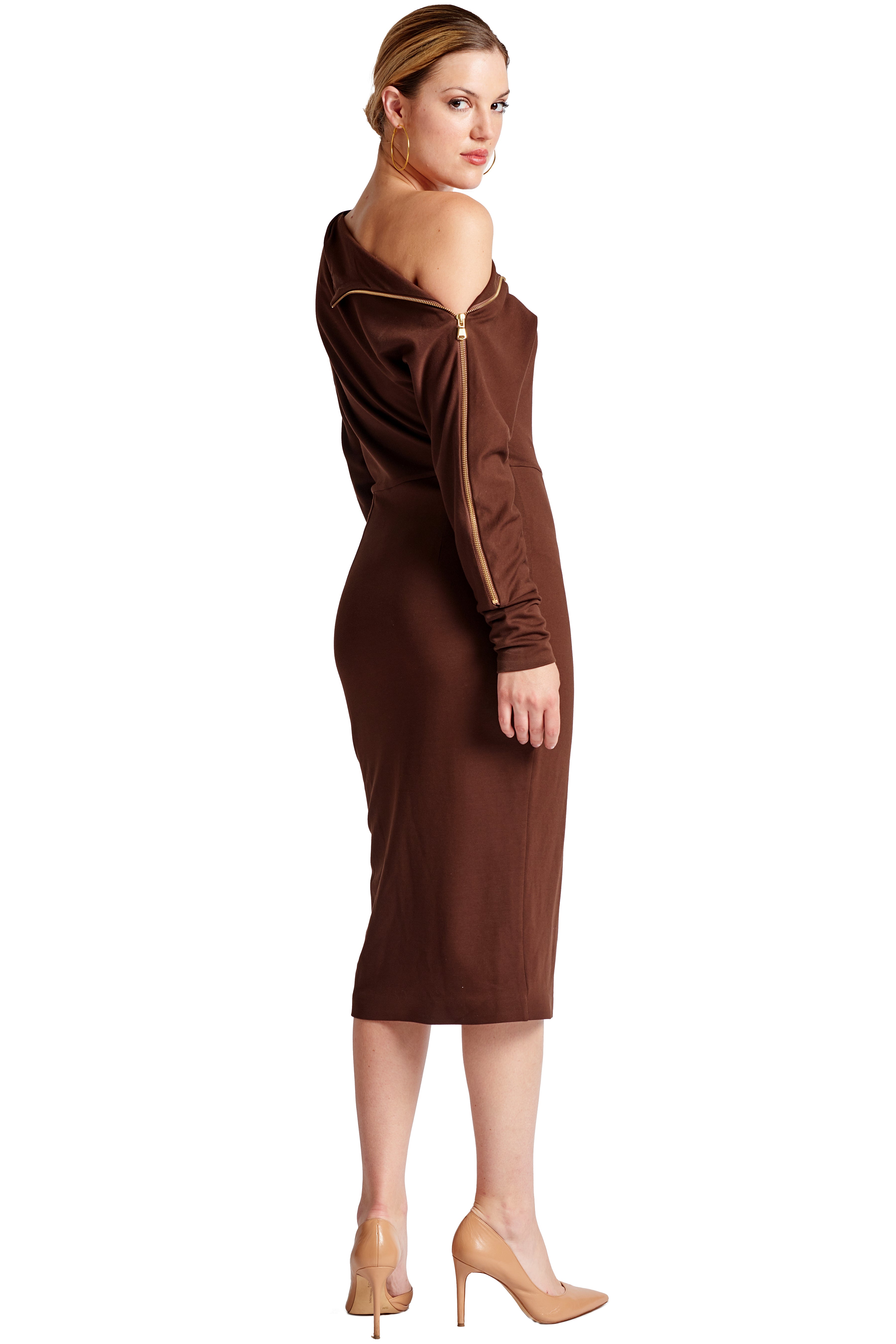 3/4 back view of model wearing the Simona Maghen Josefa Dress, chocolate brown long sleeve Ponte midi dress with zipper along the right shoulder and front skirt zipper slit.