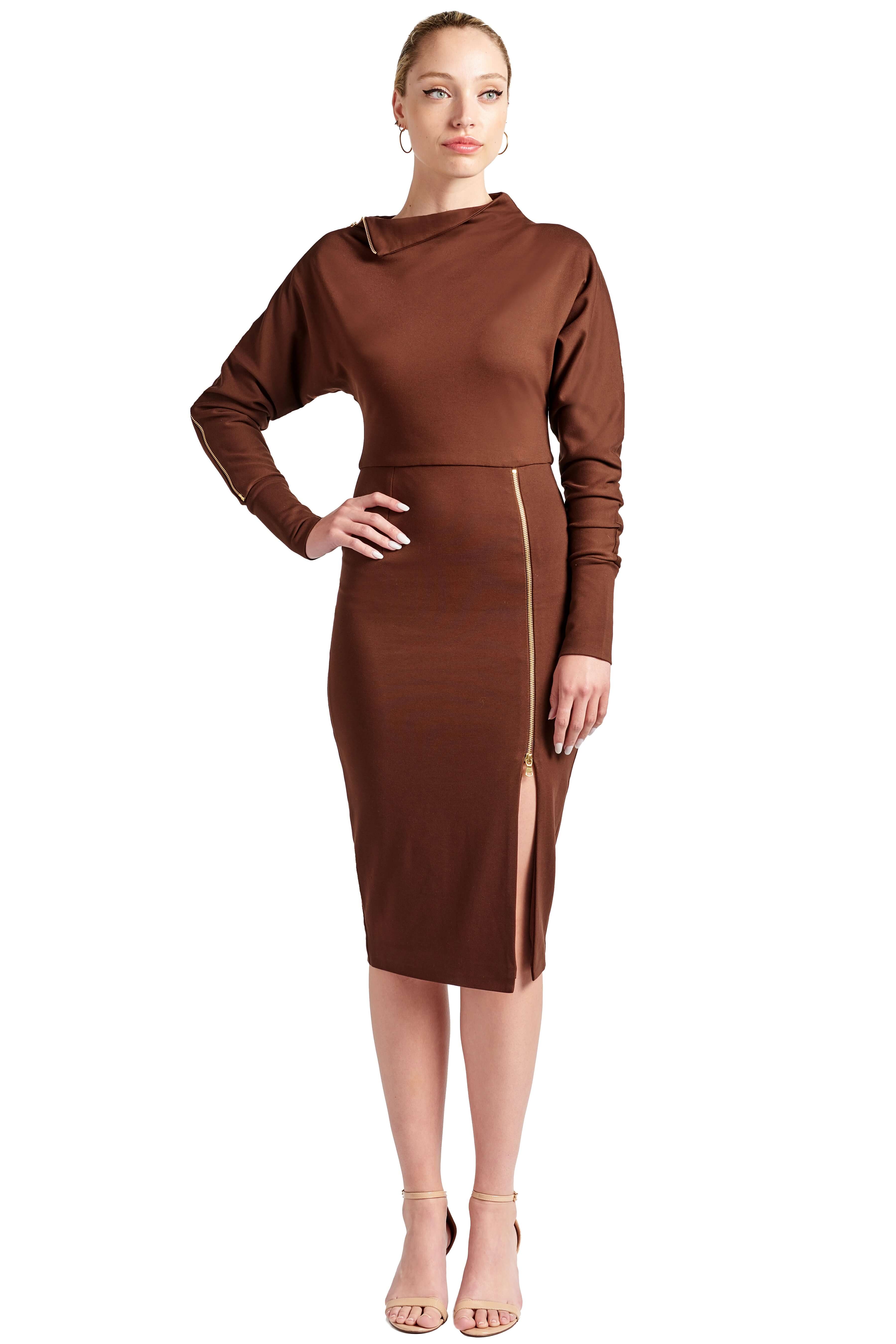 Front view of model wearing the Simona Maghen Josefa Dress, chocolate brown long sleeve Ponte midi dress with zipper along the right shoulder and front skirt zipper slit.