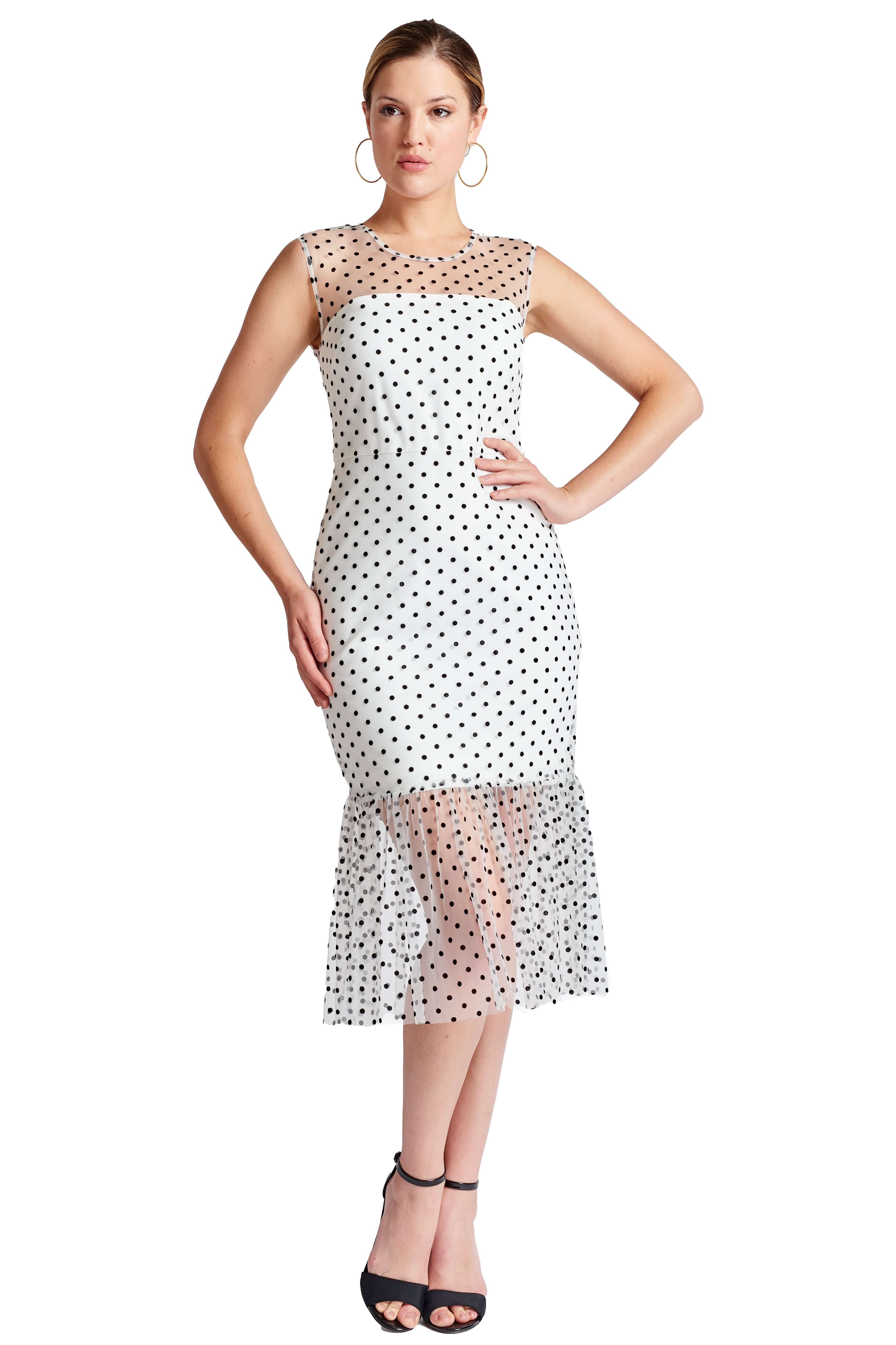 Front view of model wearing the Simona Maghen Muse dress, white mesh with black polka dots sleeveless midi dress with sheer ruffle hem and round neckline.