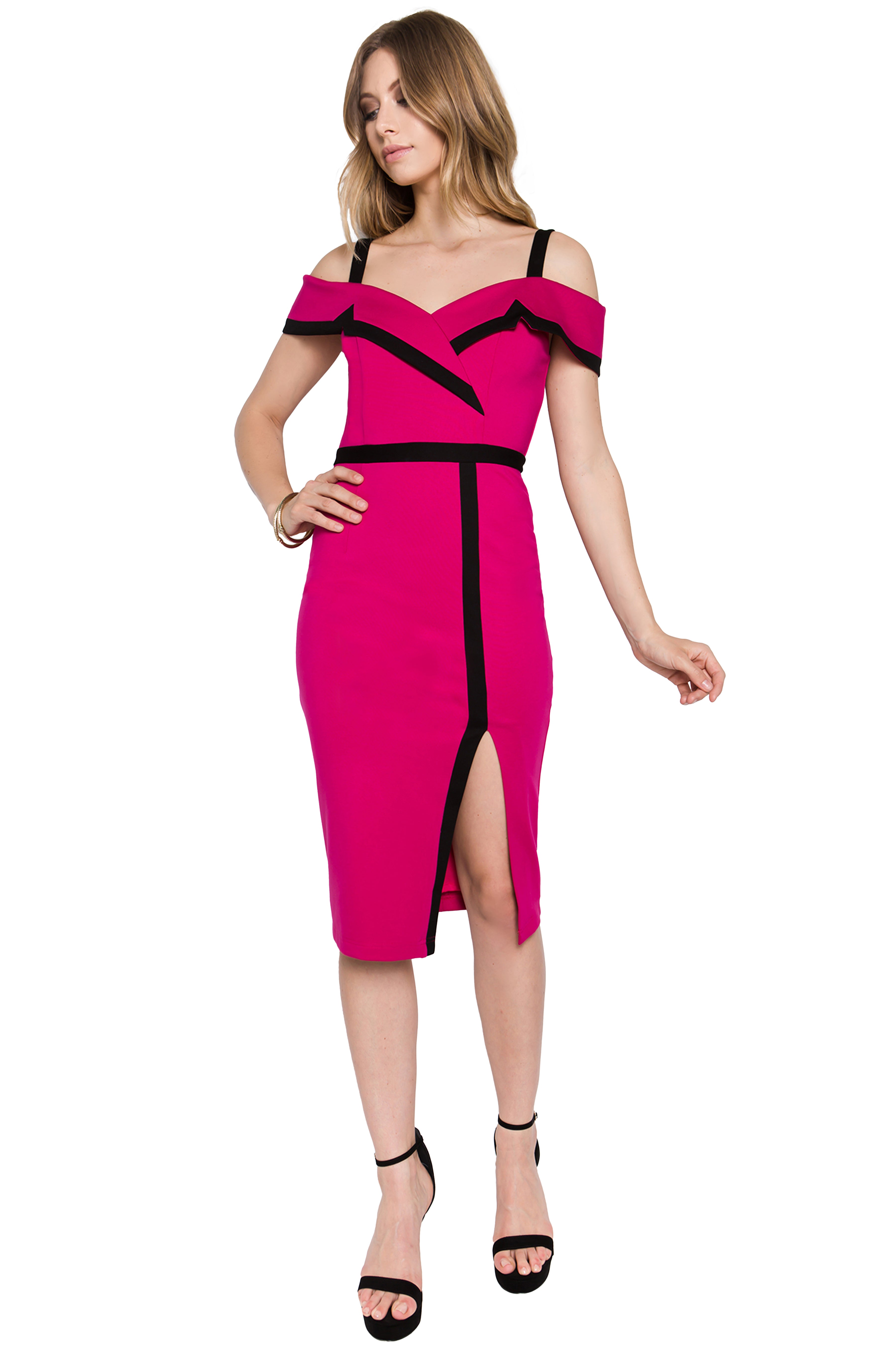 Front view of model wearing the Simona Maghen Olivia Dress, berry/black color block off the shoulder knit Ponte midi dress with notch lapel and thigh high slit.