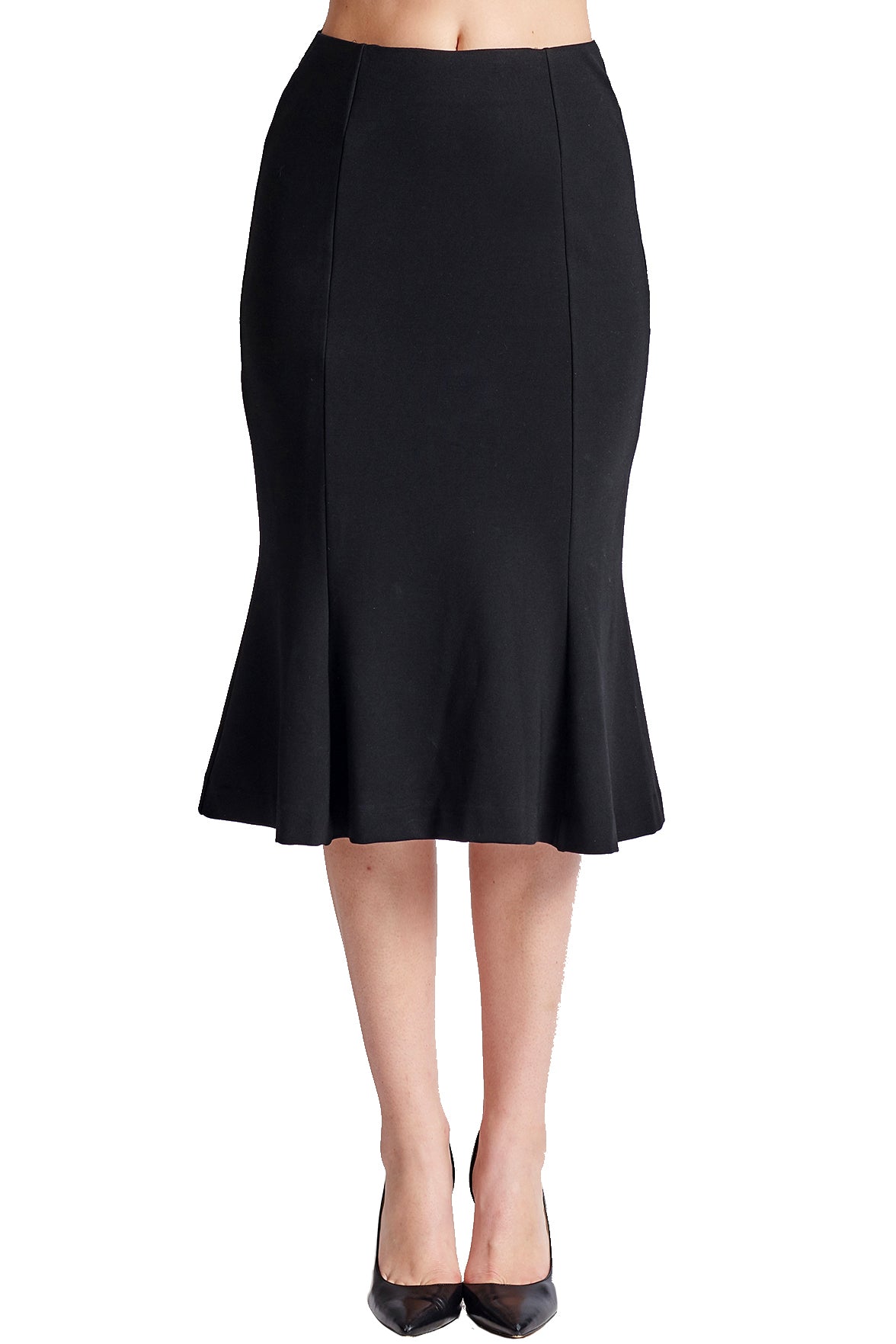 Front view of model wearing the Simona Maghen Sarit Skirt, black knit Ponte seamed midi mermaid skirt.
