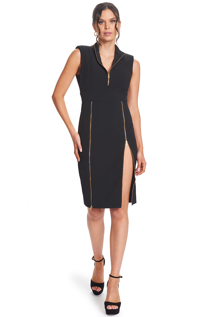 Front view of model wearing the Simona Maghen Just Zip It Dress, little black sleeveless midi dress with exposed functional gold zippers down the center back for entry, center front bodice and along the skirt front princess seams.