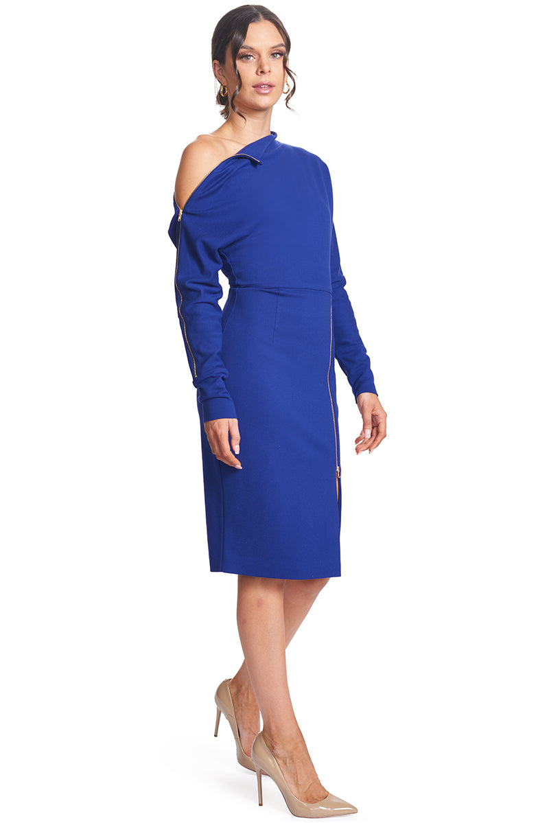 3/4 front view of model wearing the Simona Maghen Josefa Dress, royal blue long sleeve Ponte midi dress with zipper along the right shoulder and front skirt zipper slit.