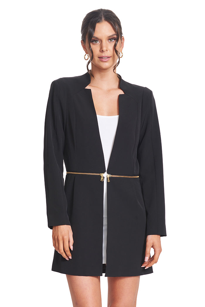 Front view of model wearing the Simona Maghen Convertible Notch Neck Blazer,  long sleeve poly/crepe notch neck blazer with gold zipper around waist