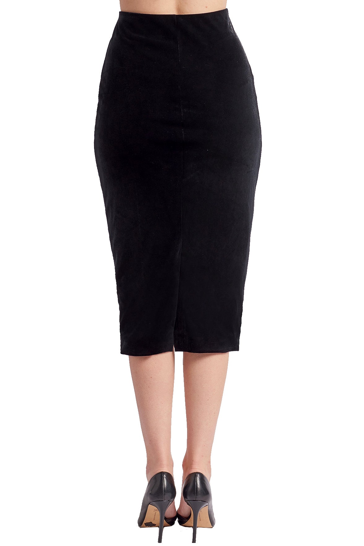 Back view of model wearing black knit stretch velvet body-con midi pencil skirt with back bottom slit.