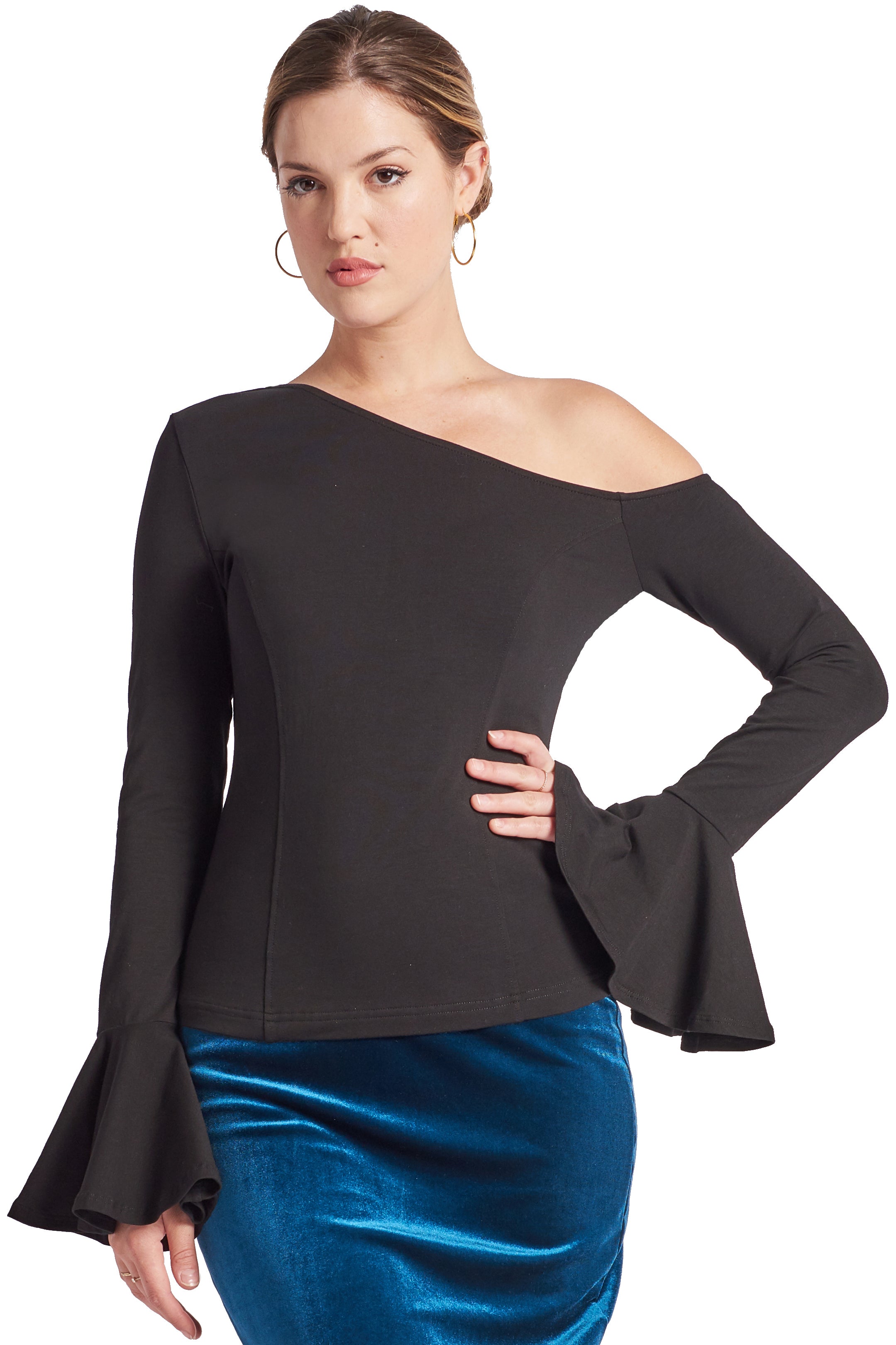 Front view of model wearing long sleeve knit black, one shoulder cut-out asymmetric bell sleeve top. 