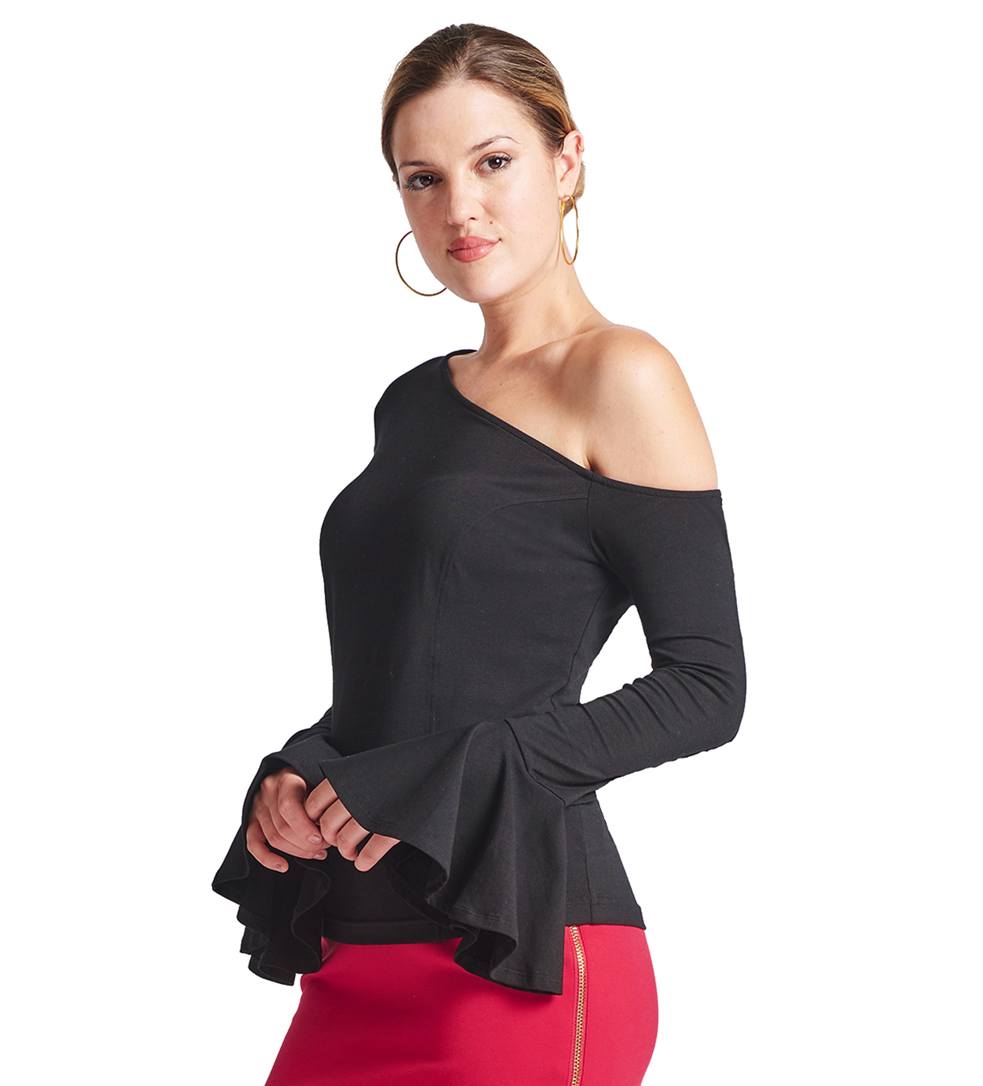 3/4 view of model wearing long sleeve knit black, one shoulder cut-out asymmetric bell sleeve top.