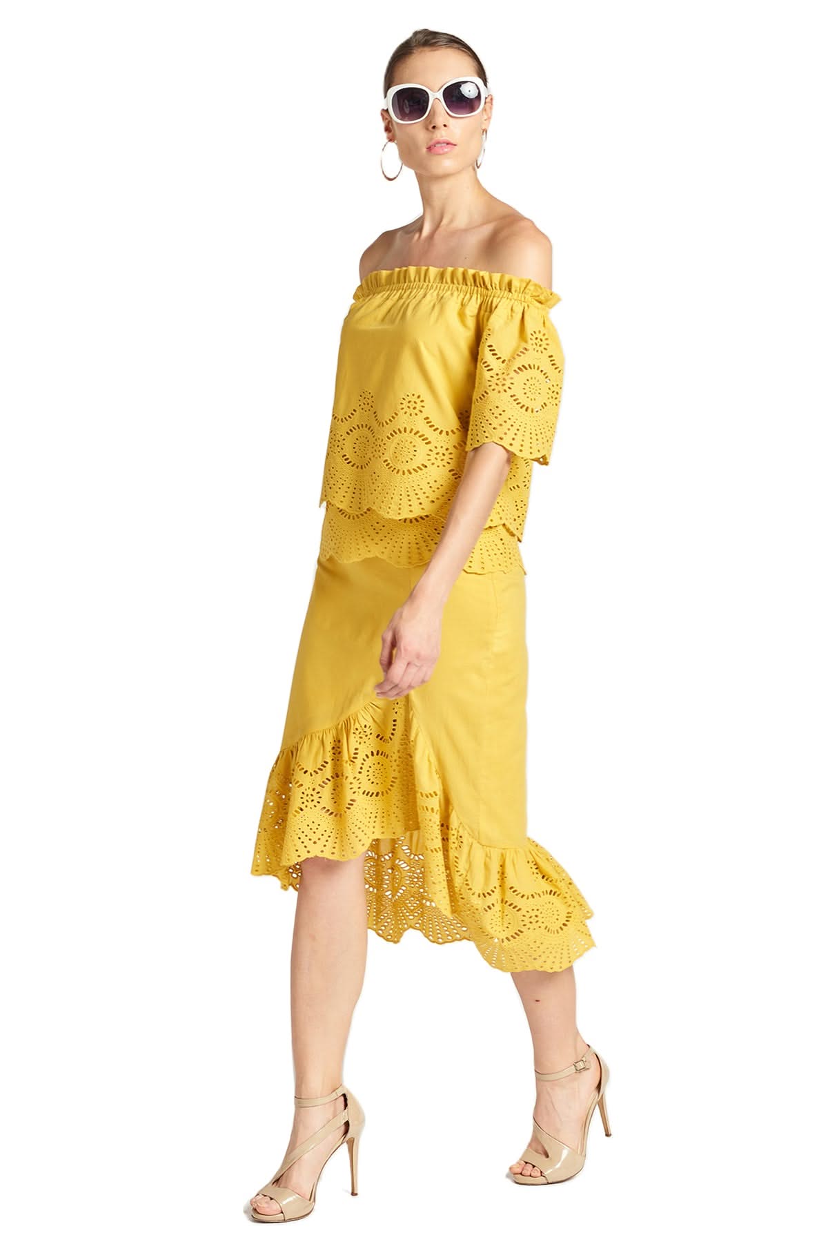 Aster Skirt - Cotton eyelet asymmetric hi - lo skirt marigold - WWW.SIMONAMAGHEN.COM
