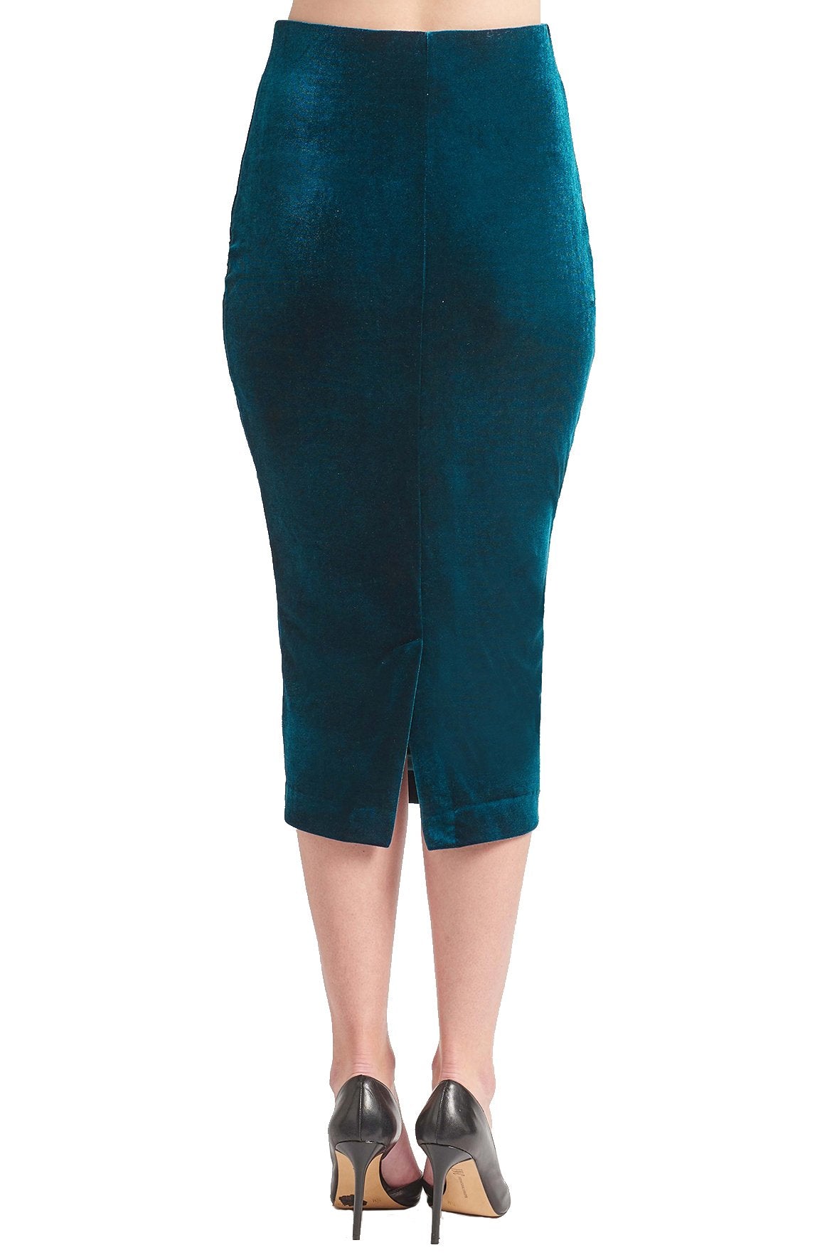 Back view of model wearing teal knit stretch velvet body-con midi pencil skirt with back bottom slit.