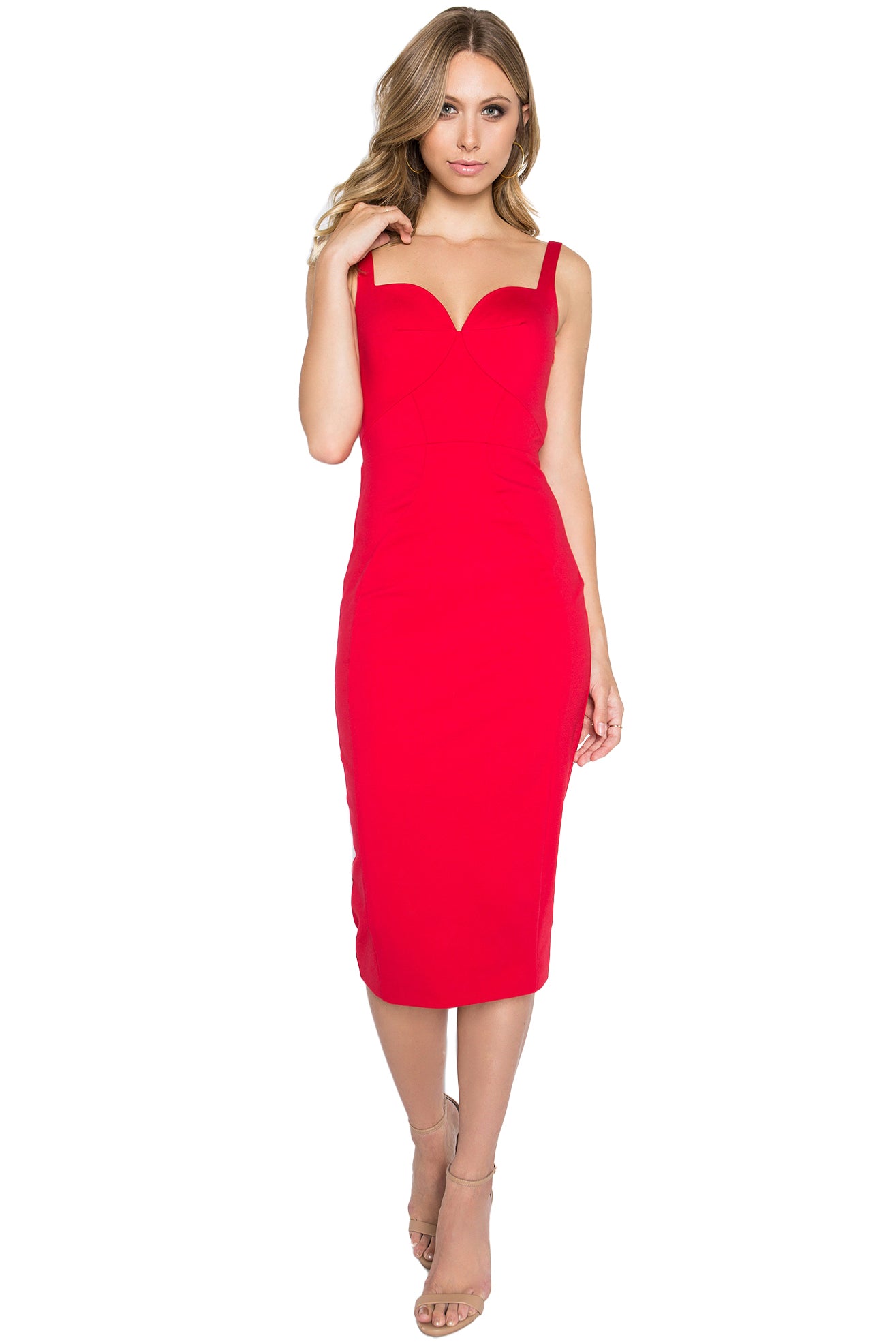 Front view of model wearing the Simona Maghen Homa Dress, red midi knit Ponte sleeveless dress with adjustable straps, sweetheart neckline, low back, and large bow at back waist.