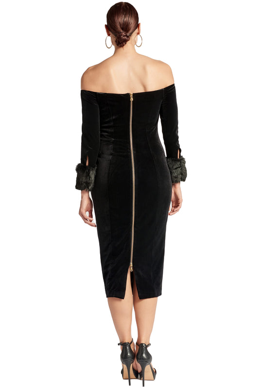 Joia Dress - Velvet off the shoulder long sleeve dress with faux fur cuff accents - WWW.SIMONAMAGHEN.COM