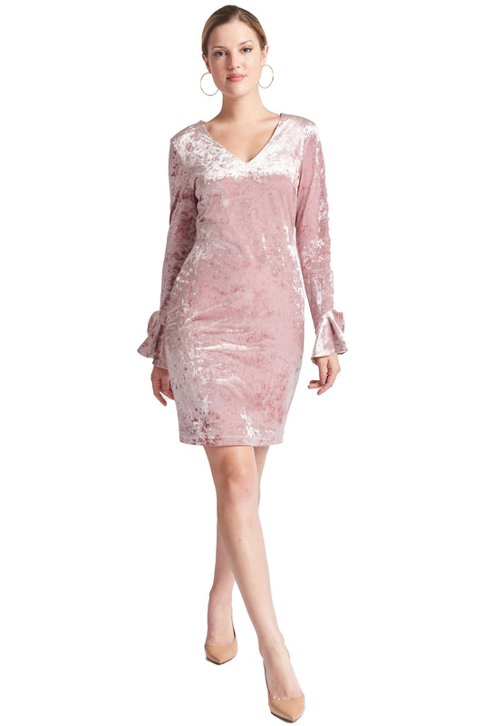 Kara Dress - Long sleeve crushed velvet v - neck dress adorned with bell sleeves - WWW.SIMONAMAGHEN.COM