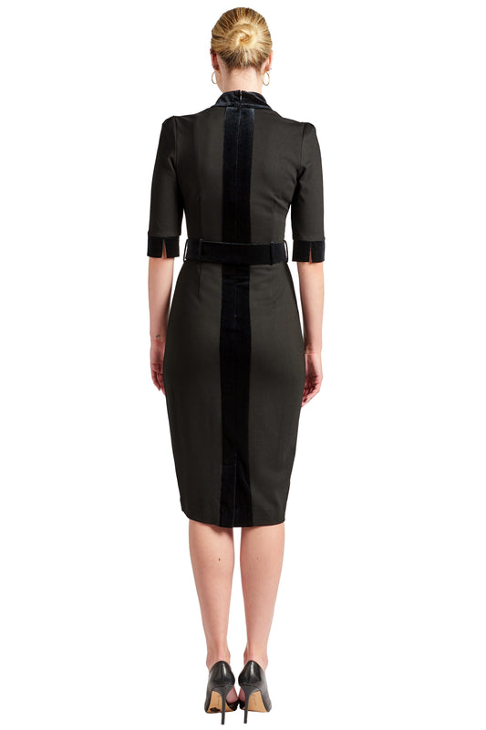 Nicola Sheath Dress - Elbow sleeve, notch neck Ponte dress with contrast velvet bands and belt - WWW.SIMONAMAGHEN.COM